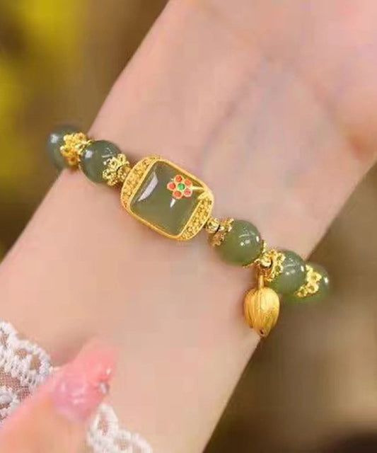 Bracelet à breloques vintage en argent sterling vert et jade surdoré avec lotus - Street-Wave