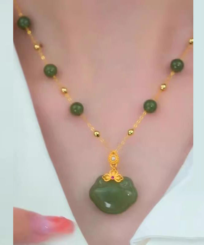Collier pendentif vintage en argent sterling vert avec fermoir de sécurité en jade surdoré - Street-Wave