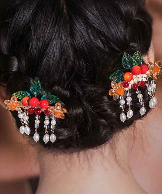 Paire d'épingles à cheveux vintage en cuivre doré à l'arc-en-ciel et pompon en forme de feuille d'aubépine. - Street-Wave