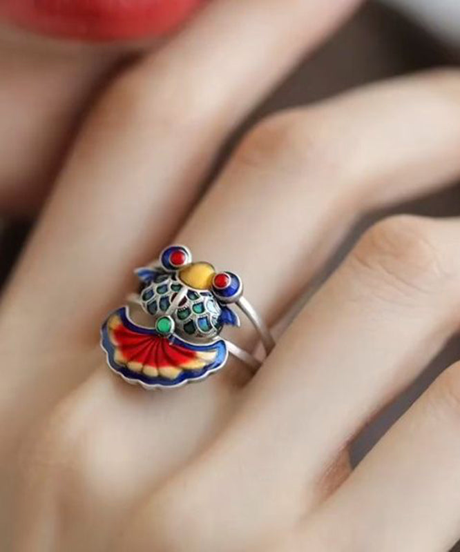 Bagues vintage en argent sterling avec motif carpe brodée et émaillée arc-en-ciel - Street-Wave