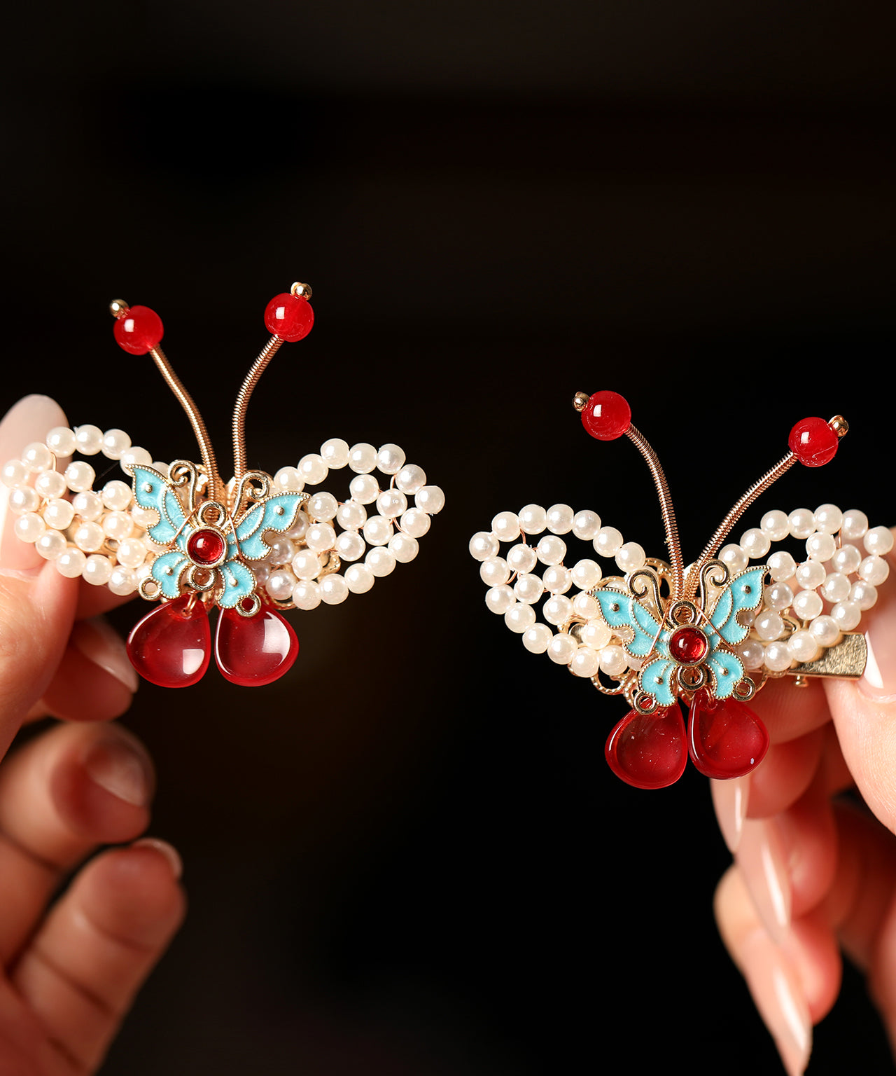 Paire d'épingles à cheveux papillon vintage en alliage rouge nacré pour enfants - Street-Wave