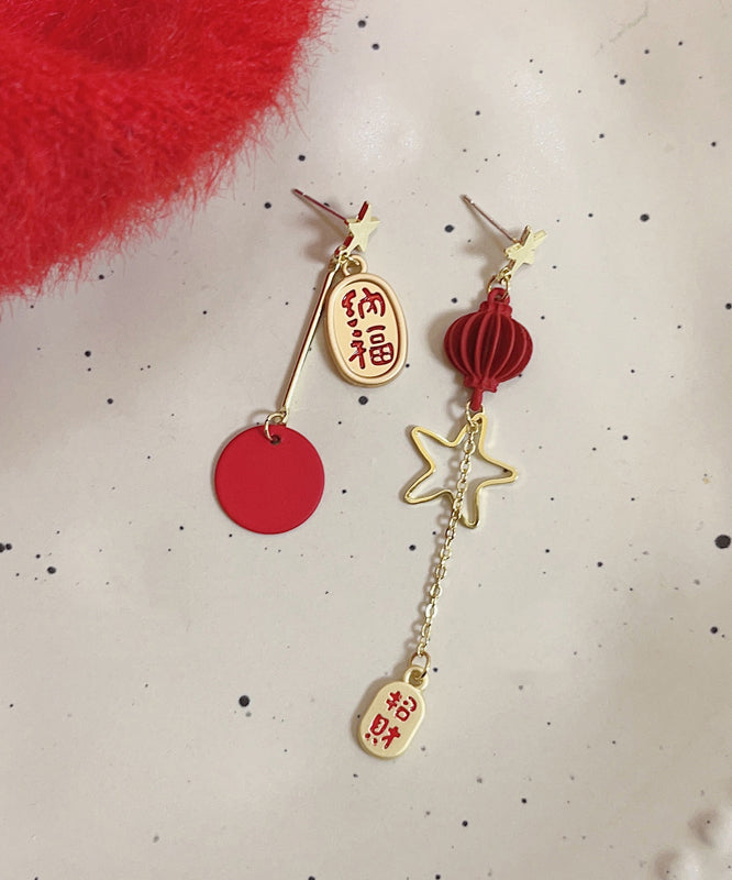 Boucles d'oreilles pendantes asymétriques vintage en alliage d'argent sterling rouge, motif lanterne étoilée - Street-Wave