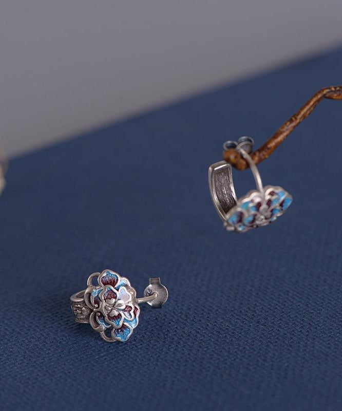 Boucles d'oreilles à tige en argent sterling et soie vintage avec fleur de pivoine cloisonnée - Street-Wave