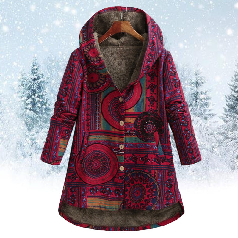 Street-Wave Camryn Hooded Jacket With Bold Bohemian Circular Print For Women Cozy Sustainable Style