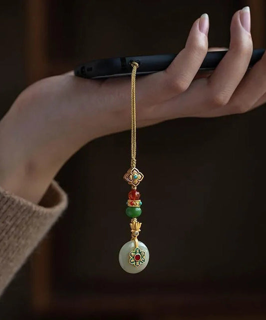 Chaînes de téléphone vintage en argent doré jaune, jade et turquoise, avec lotus et trèfle à quatre feuilles - Street-Wave