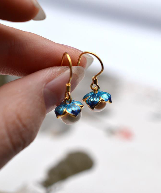 Boucles d'oreilles pendantes vintage en argent sterling jaune surdoré avec perles et émail cloisonné - Street-Wave
