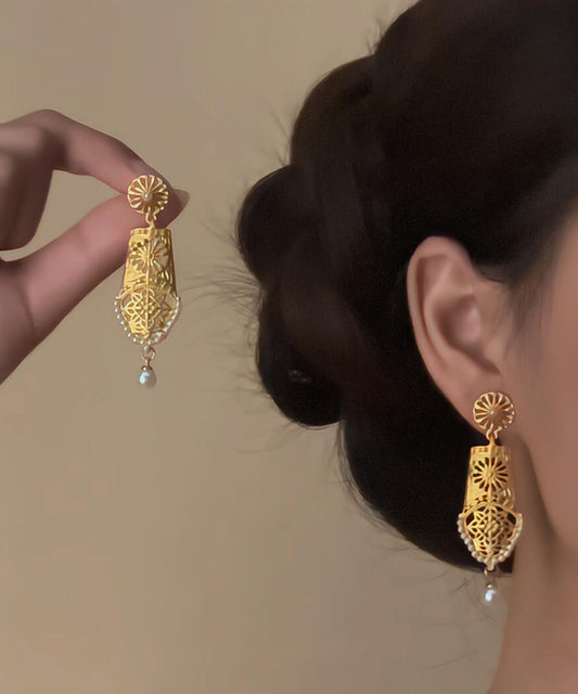 Boucles d'oreilles pendantes vintage en argent sterling jaune doré, perles ajourées et pompon floral, ornées de perles. - Street-Wave
