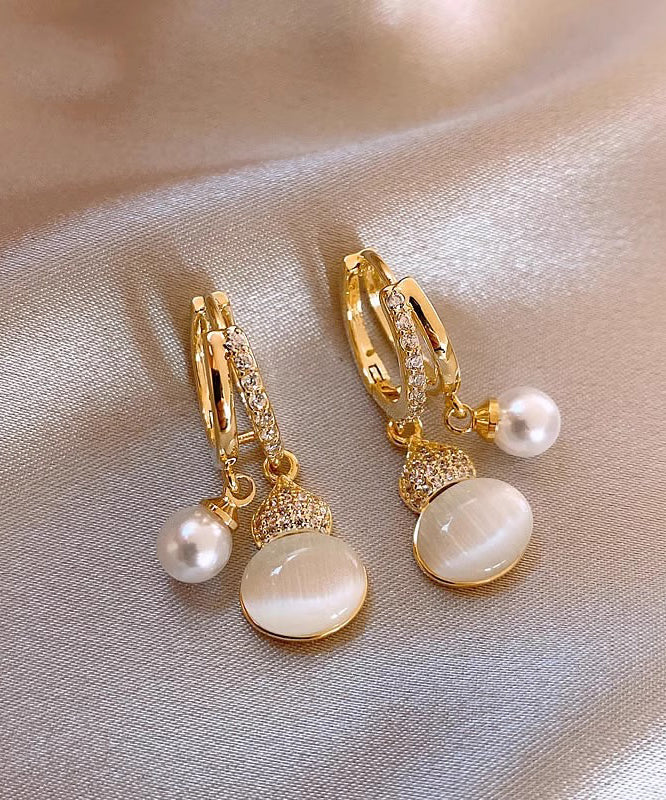 Boucles d'oreilles pendantes Vogue en alliage de cuivre doré et zircon œil de chat avec perle et gourde - Street-Wave