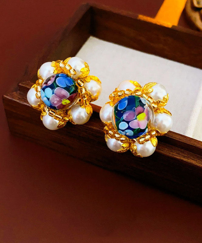 Boucles d'oreilles à tige en perles florales émaillées colorées Vogue Gold Copper Overgild - Street-Wave