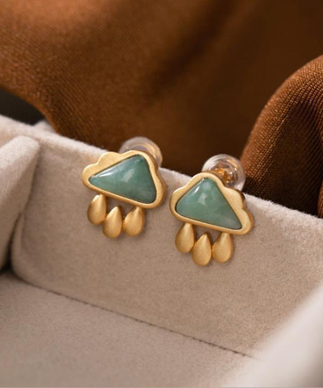 Boucles d'oreilles à tige en argent sterling et jade vert surdoré en forme de goutte d'eau - Street-Wave