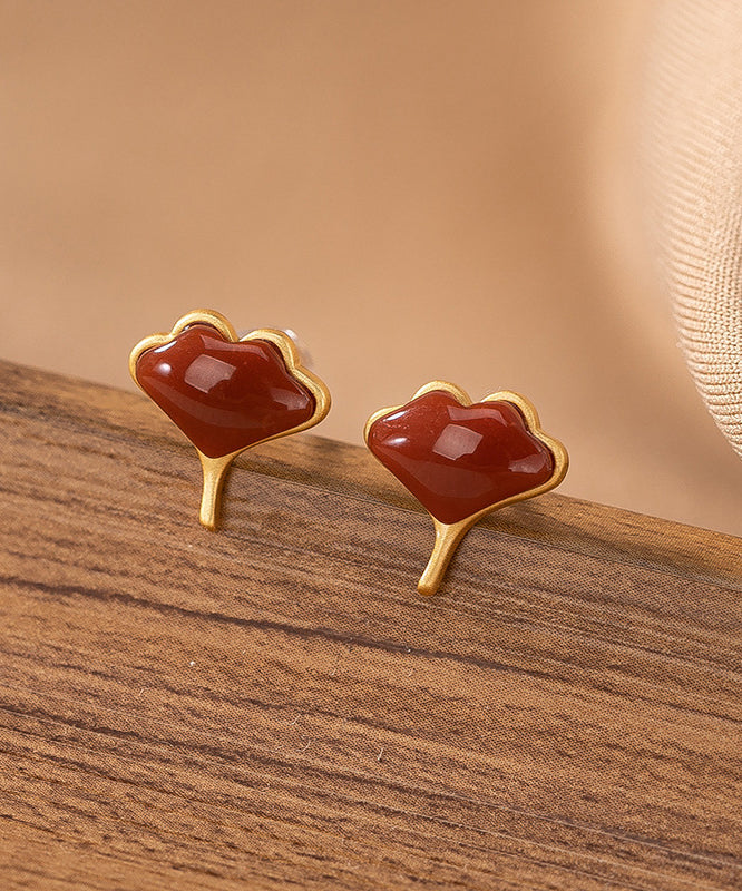 Boucles d'oreilles à tige en argent sterling avec feuille de ginkgo surdorée en agate de mûre Vogue - Street-Wave
