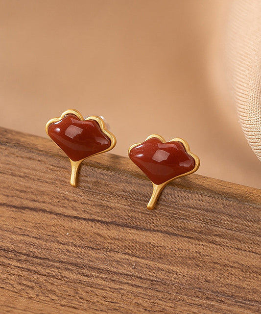 Boucles d'oreilles à tige en argent sterling avec feuille de ginkgo surdorée en agate de mûre Vogue - Street-Wave