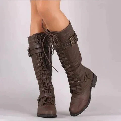 Streetwave Steampunk Knee High Boots With Lace Up Straps PU Leather For Autumn Winter For Women