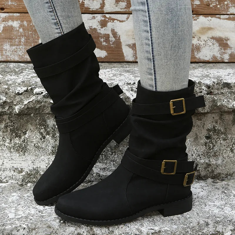 Streetwave Knee High Retro Boots For Women With Stacked Heel And Buckled Straps Everyday Wear