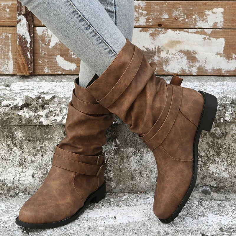 Streetwave Knee High Retro Boots For Women With Stacked Heel And Buckled Straps Everyday Wear