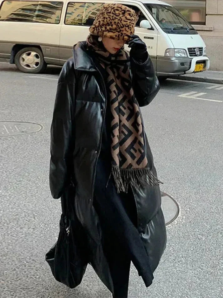 Streetwave Long Leather Puffer Coat With Belt For City Fashion Lovers Luxe Warmth