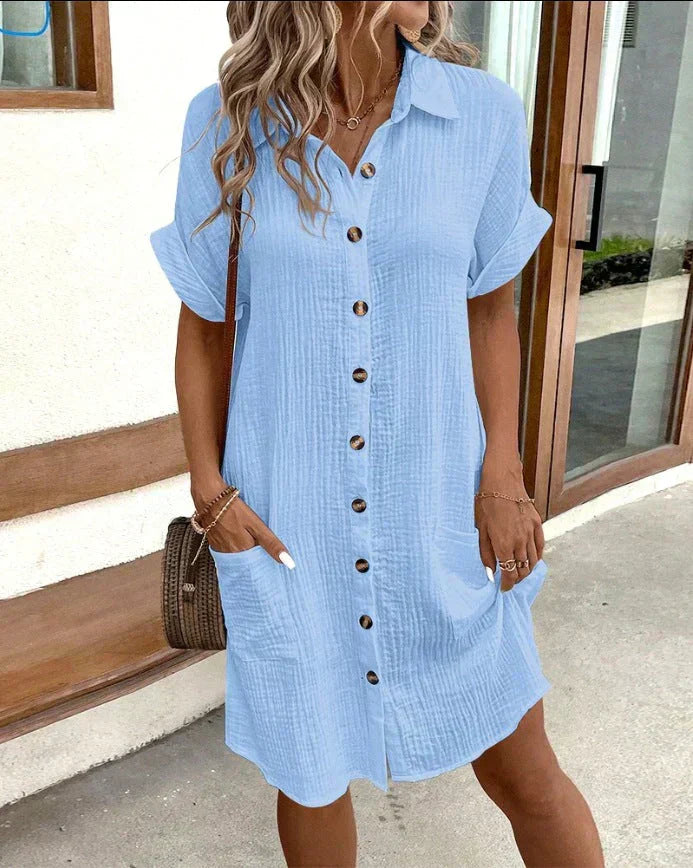 Street-Wave Linen Look Midi Shirt Dress With Collar For Women Button Front Pockets