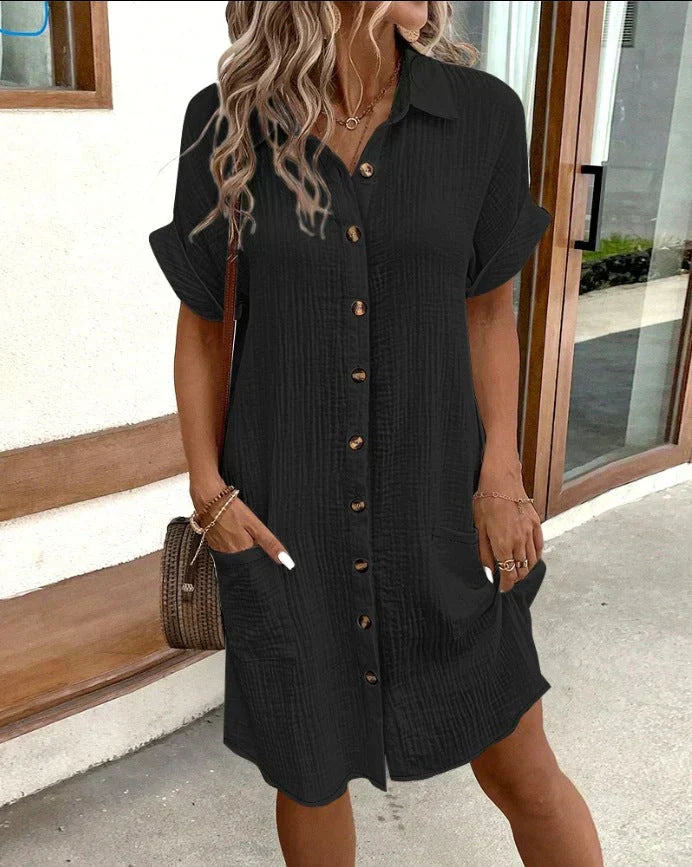 Street-Wave Linen Look Midi Shirt Dress With Collar For Women Button Front Pockets