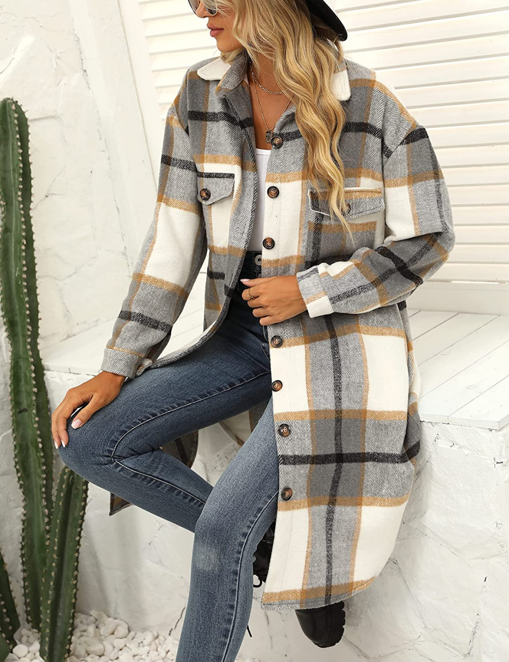 Street-wave Plaid Wool Coat For Women Cozy Transitional Outerwear With Button Front And Pockets