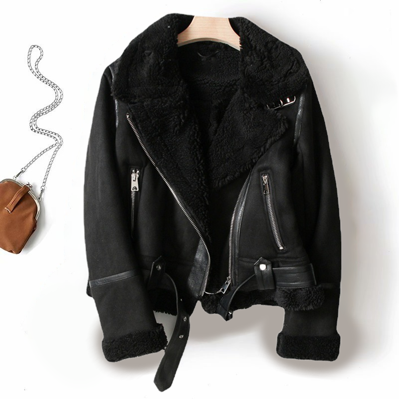 Street-Wave Grace Womens Shearling Moto Jacket Warm And Chic