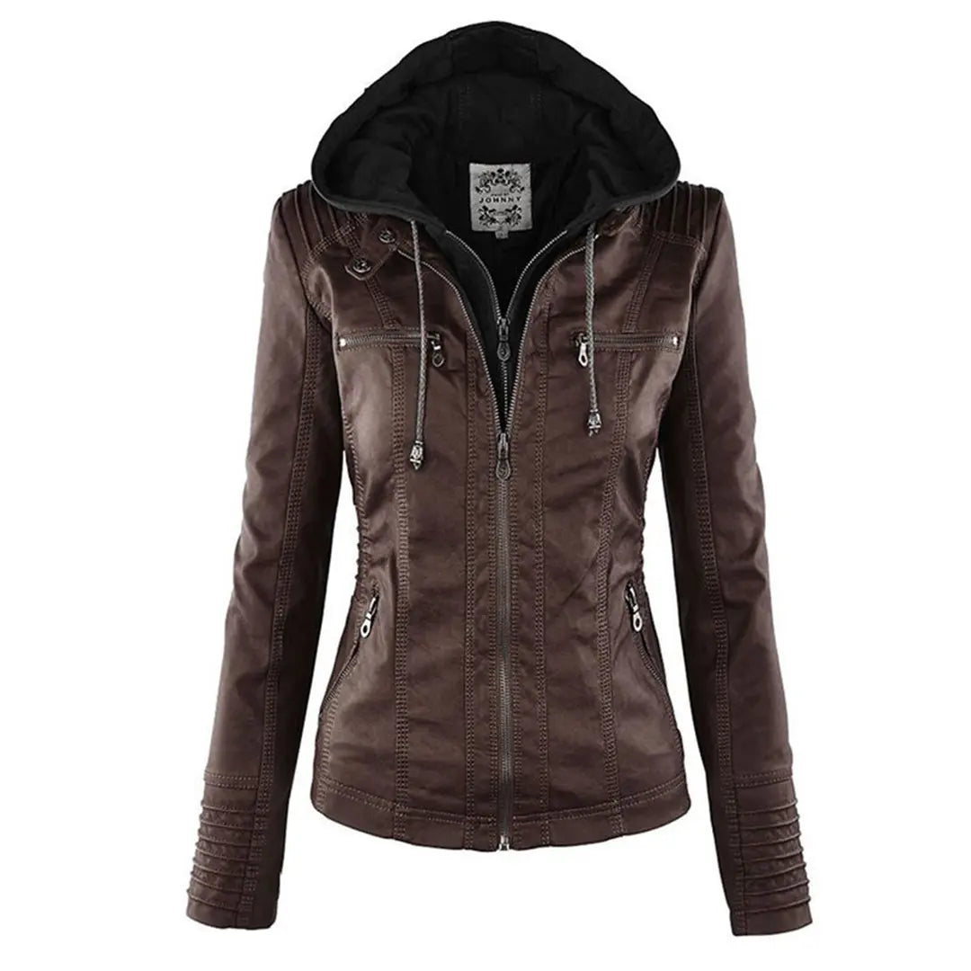 Leather Jacket Women Weatherproof StreetWave Detachable Hood