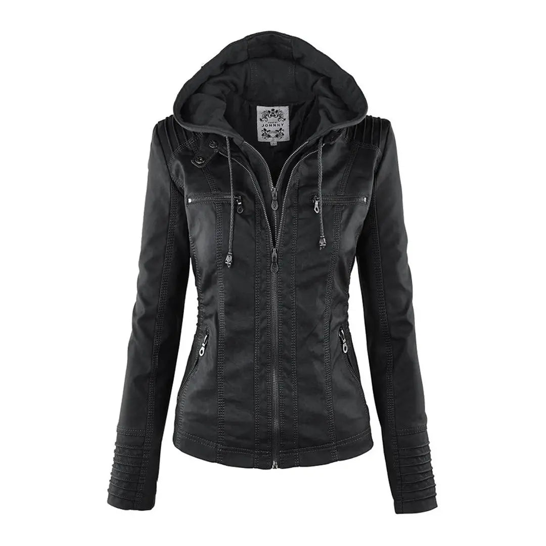 Leather Jacket Women Weatherproof StreetWave Detachable Hood