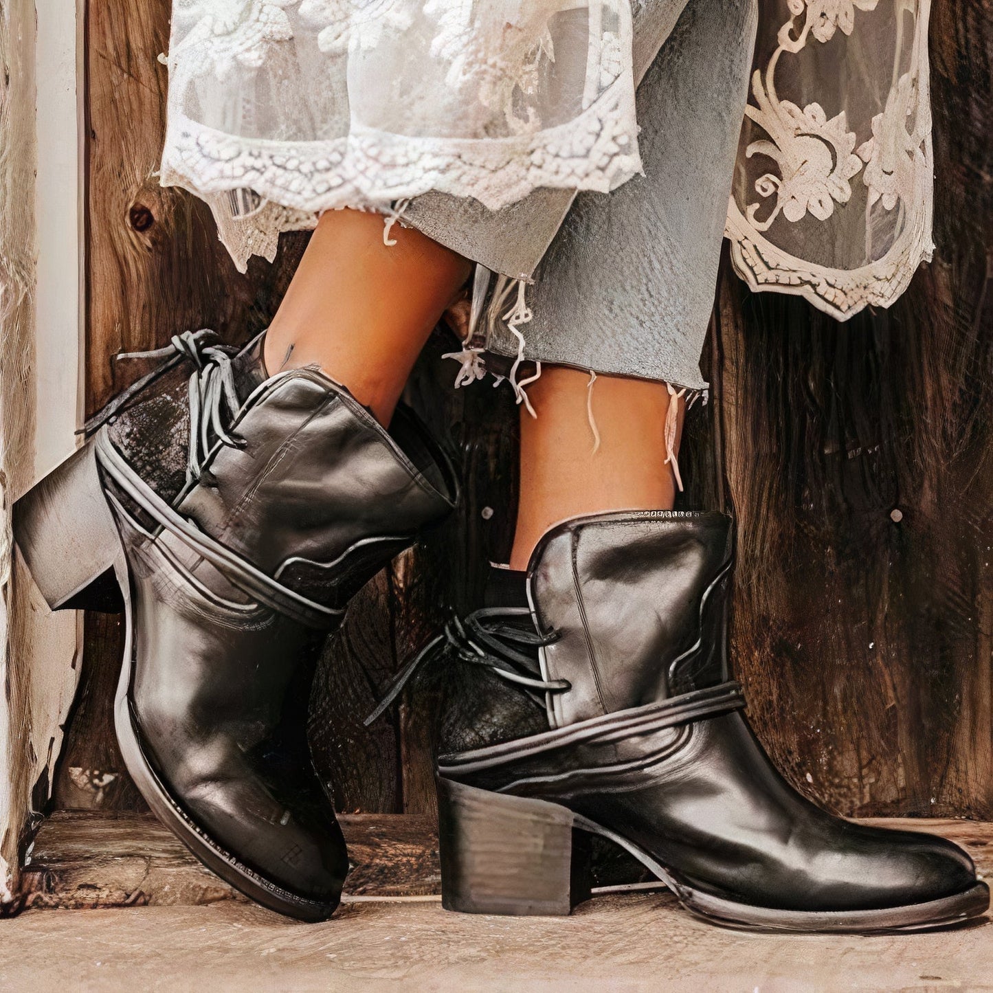 Street-Wave Western-Inspired Ankle Boots For Women Wrapped-Lacing And Block Heel