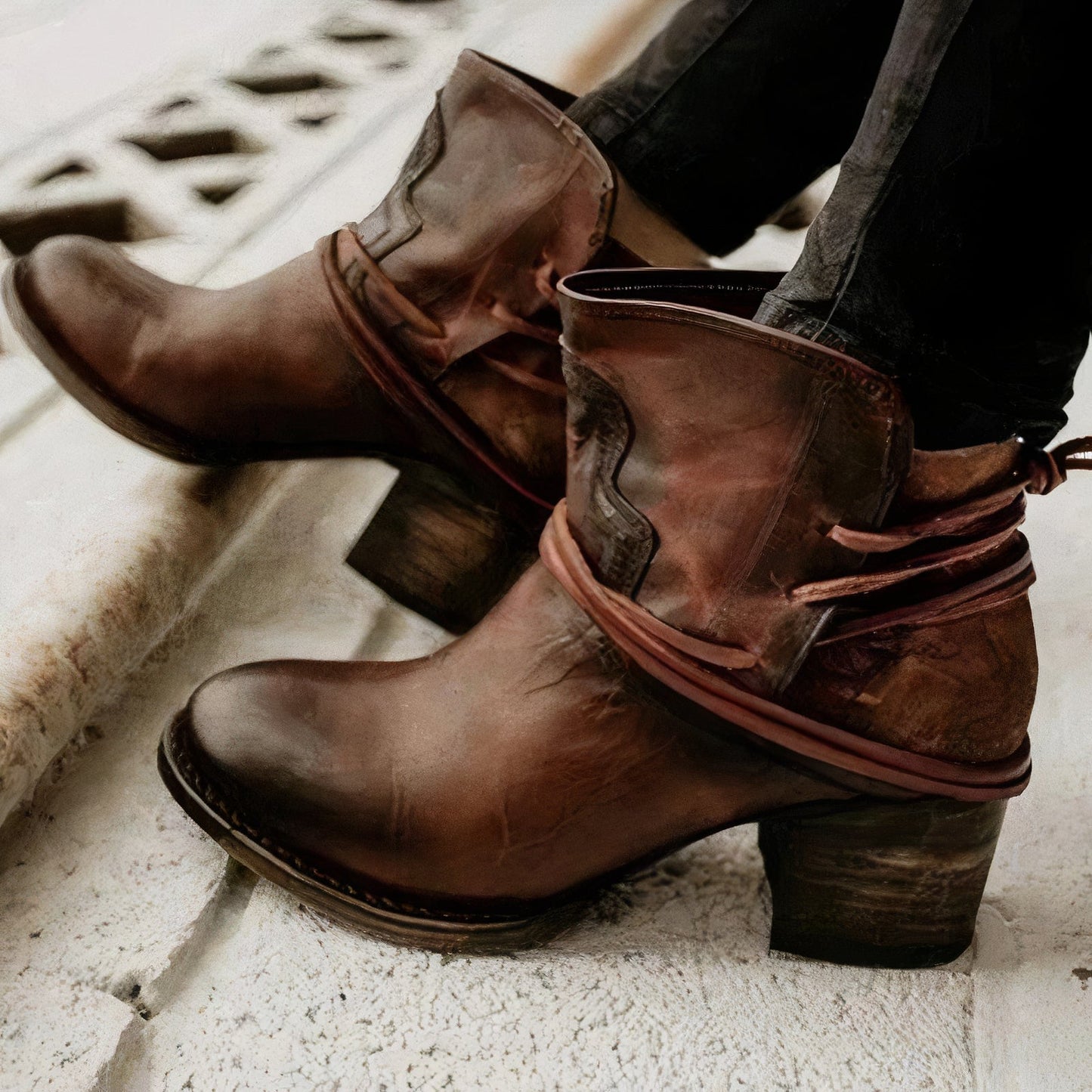 Street-Wave Western-Inspired Ankle Boots For Women Wrapped-Lacing And Block Heel
