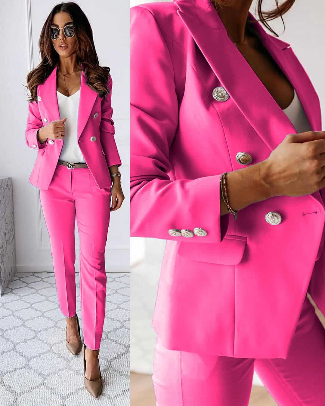 Street-Wave Light Blue Two Piece Suit for Women Elegant Confident Double Breasted Blazer and Trousers