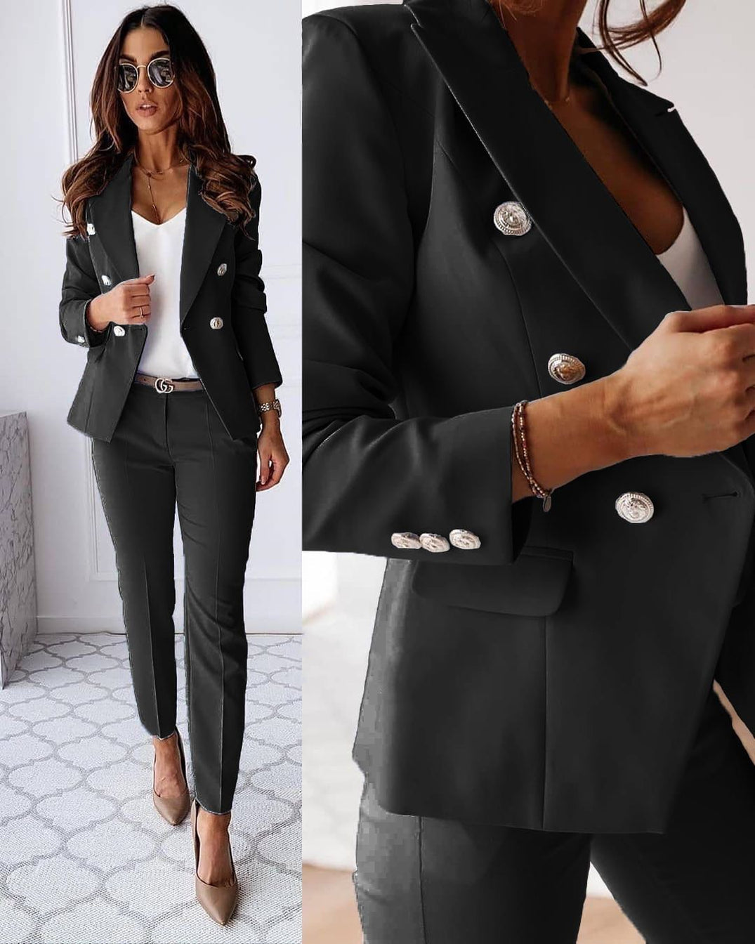 Street-Wave Light Blue Two Piece Suit for Women Elegant Confident Double Breasted Blazer and Trousers