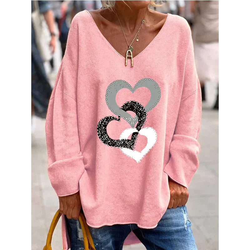 Street-wave Cozy Oversized Pullover With Heart Graphic For Women Everyday Streetwear Essential