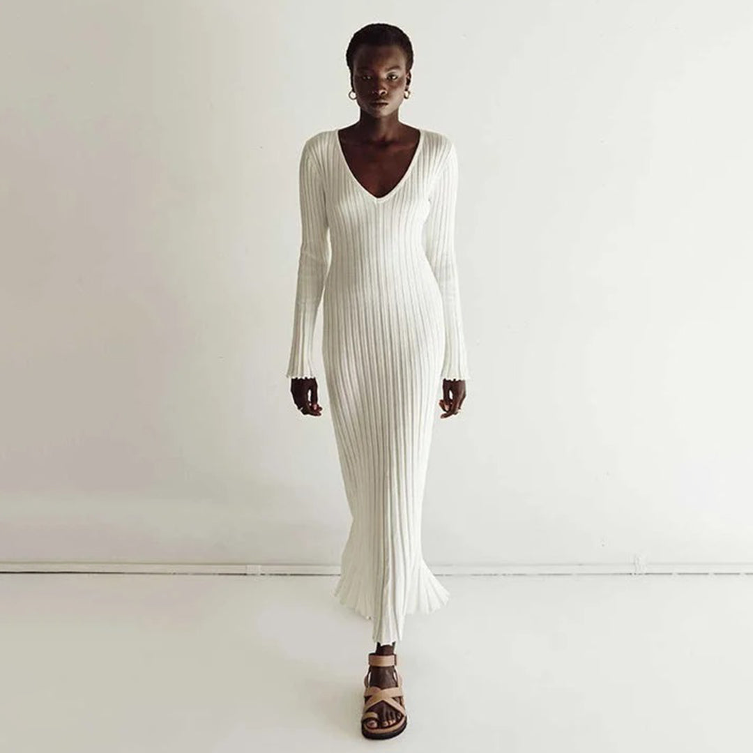 Street Wave Women's Fitted Knitted Maxi Dress Ribbed V Neck Long Sleeve