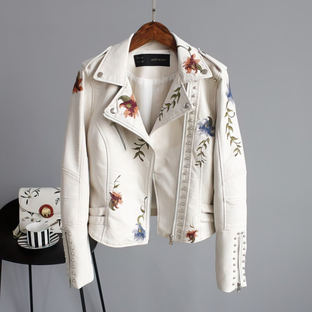 Street Wave Womens Premium Vegan Leather Jacket With Floral Embroidery And Studded Details