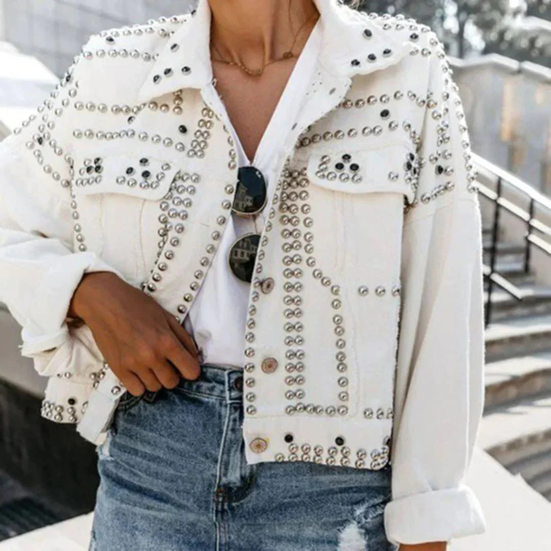 Street-Wave Studded Jacket With Rhinestones For Women, Flattering Silhouette, Durable Polyester
