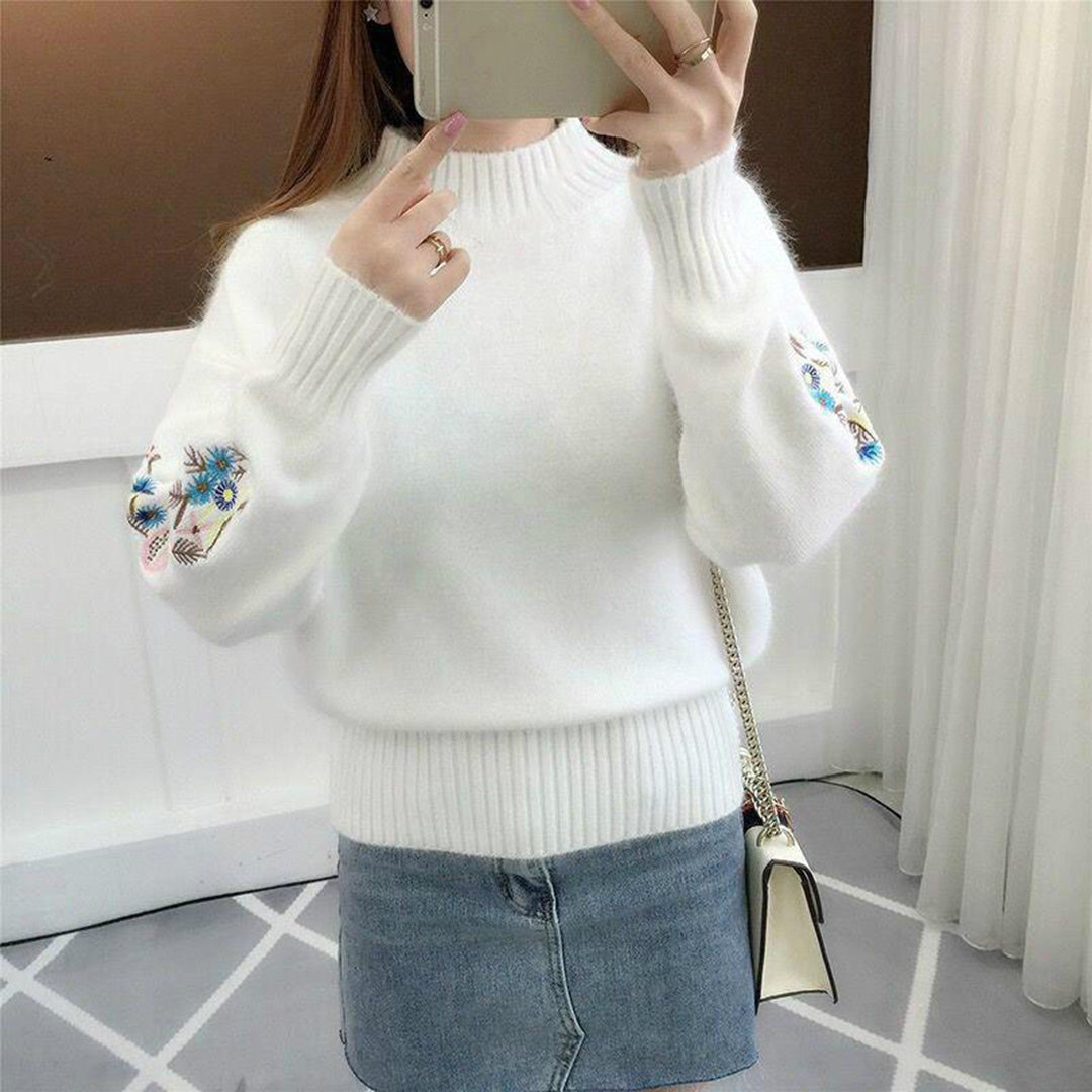 Street-Wave Floral Embroidered Cashmere Knit Pullover For Women Soft Cream Color Premium Handcrafted Sweater