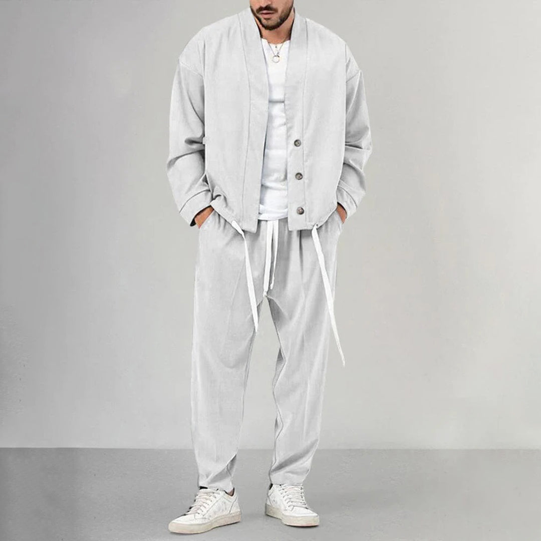 Street-wave Men's Olive Green Suit Set with Relaxed Jacket and Drawstring Pants