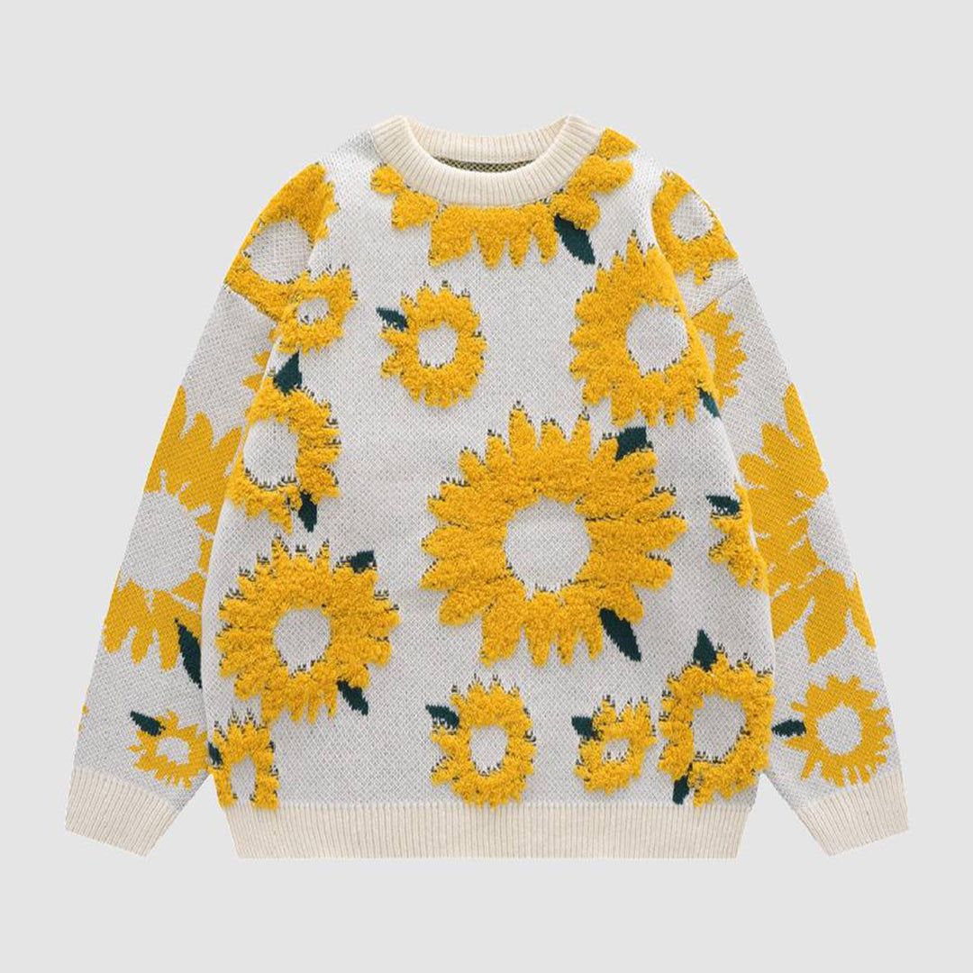 Street-wave Sunflower Print Acrylic Pullover Soft Cozy Knit For Women Versatile Style