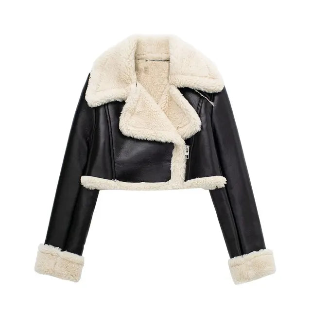 Street-Wave Women's Shearling-Lined Leather Jacket with Faux Fur Trim, Cropped Biker Style, Trendy Autumn Outerwear