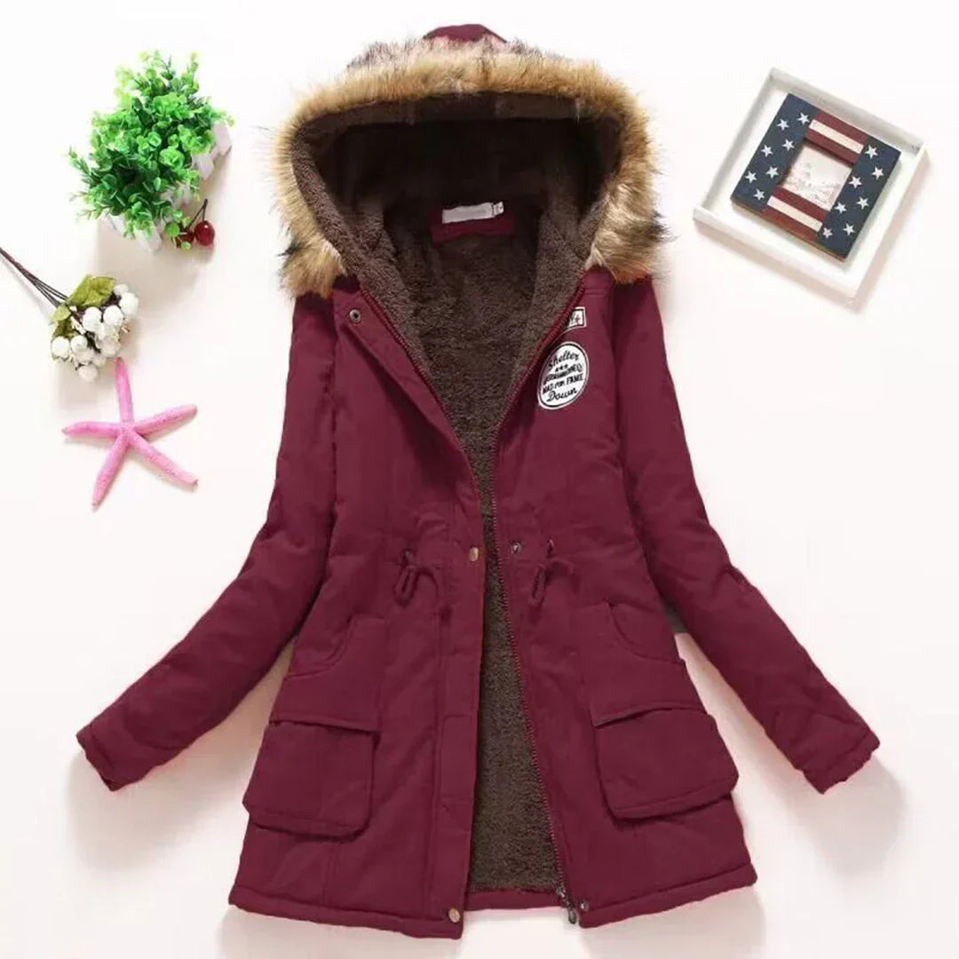 Street-wave Olive Winter Coat With Fur Lined Hood For Women Belted Waist And Pockets