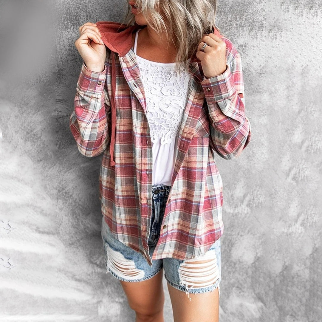 Emiliana Women's Casual Jacket Button Front Closure Plaid Versatile Polyester Chest Pocket