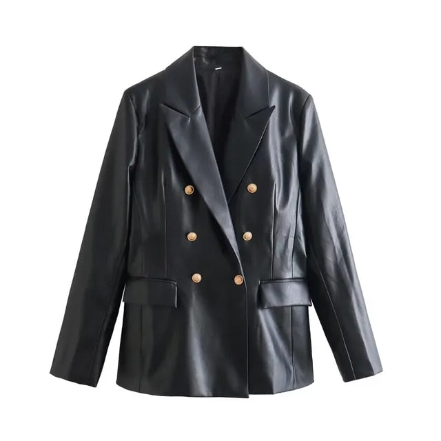 Street-Wave Faux Leather Double-Breasted Blazer For Women Cozy Elegant Winter Outerwear