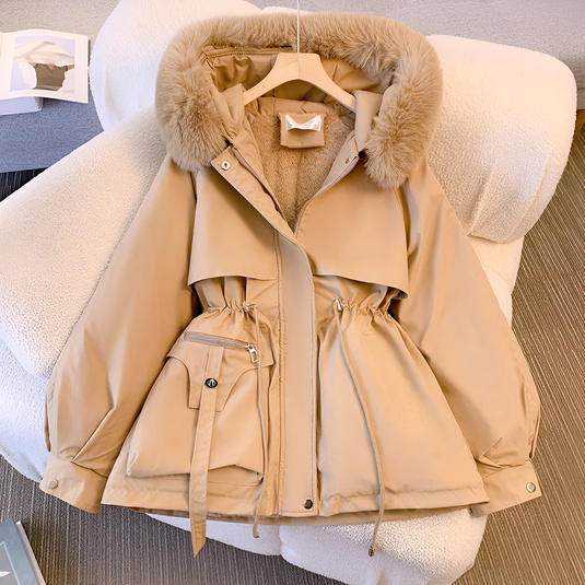 Street Wave Hooded Winter Parka With Faux Fur Trim For Women Adjustable Waist Cinch Chic Cozy Outerwear