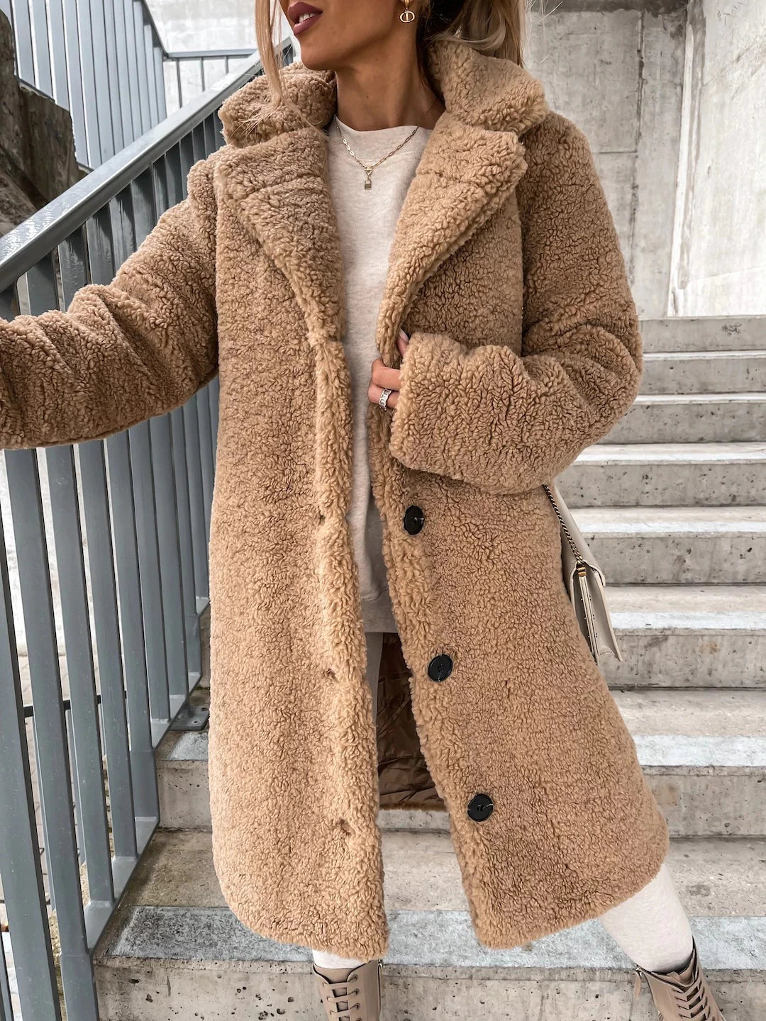 Street Wave Teddy Coat For Women Soft And Warm Relaxed Midi Length With Button Closure