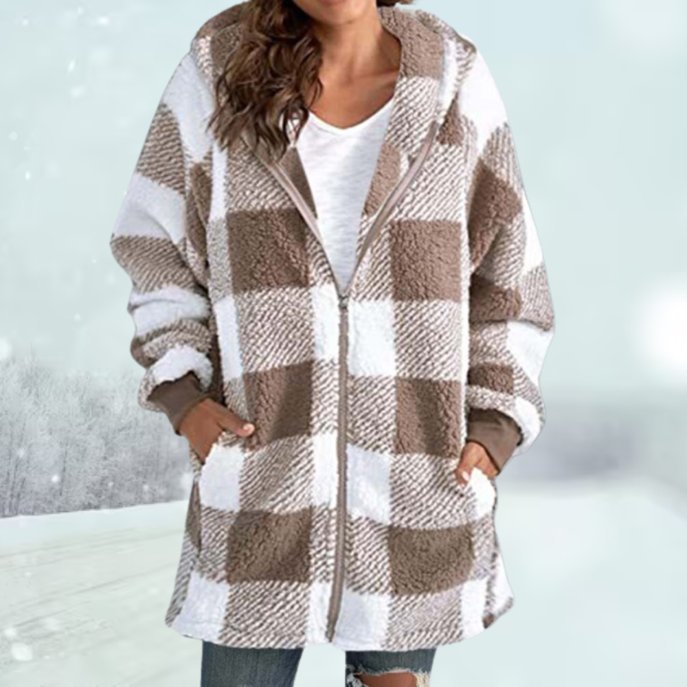 Street-wave Plaid Hooded Jacket For Women Warm Cozy Fit Zip Front Winter Coat Warmth