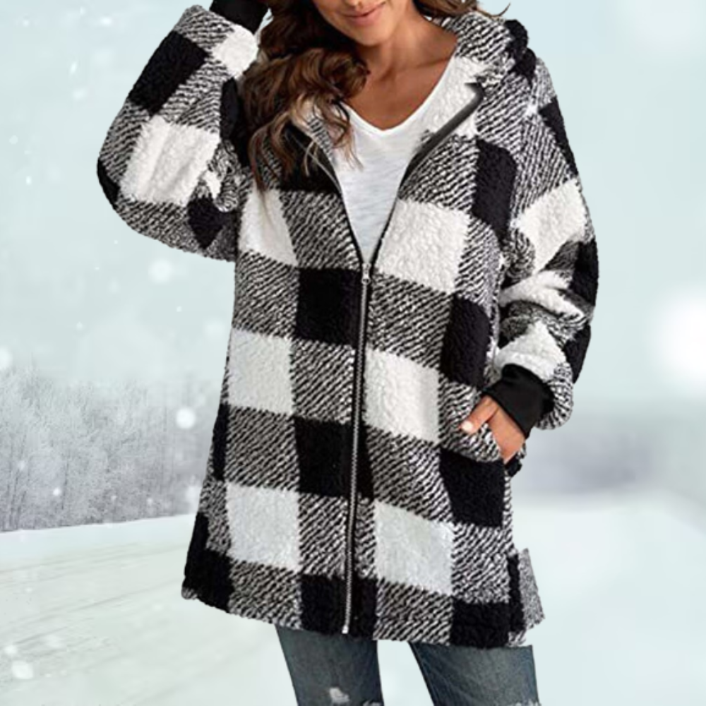 Street-wave Plaid Hooded Jacket For Women Warm Cozy Fit Zip Front Winter Coat Warmth