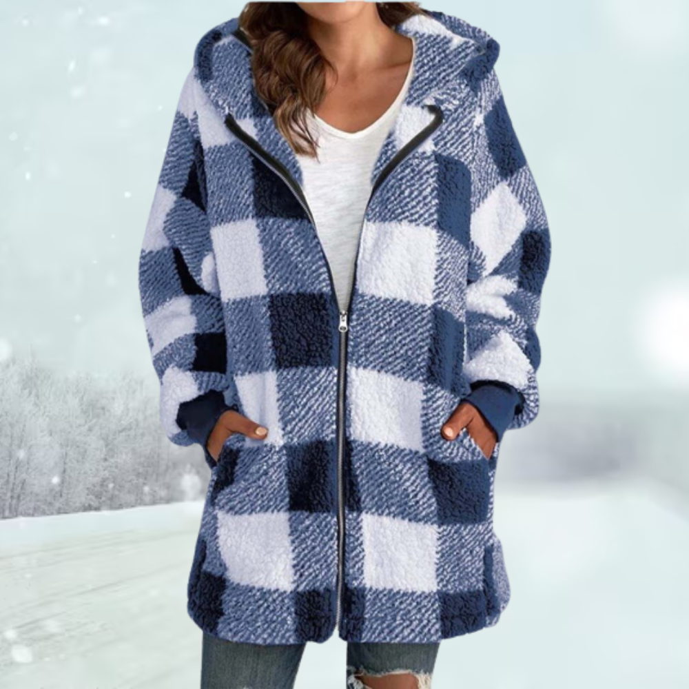 Street-wave Plaid Hooded Jacket For Women Warm Cozy Fit Zip Front Winter Coat Warmth