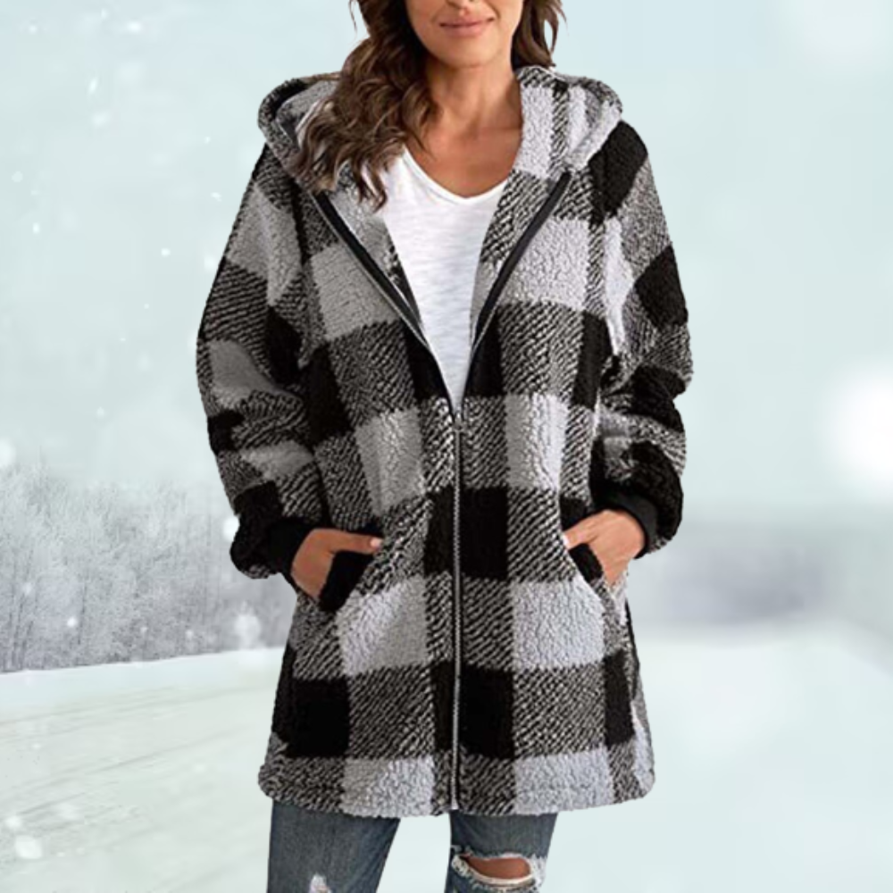 Street-wave Plaid Hooded Jacket For Women Warm Cozy Fit Zip Front Winter Coat Warmth