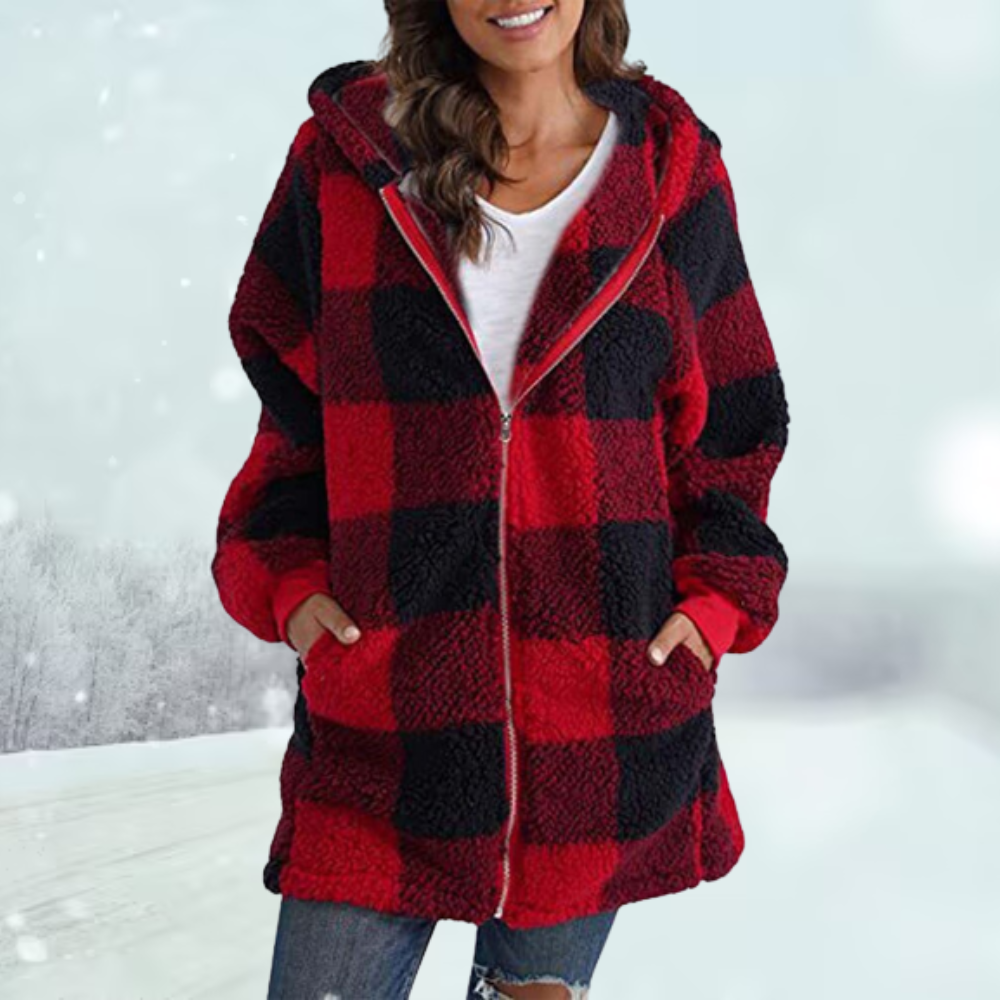 Street-wave Plaid Hooded Jacket For Women Warm Cozy Fit Zip Front Winter Coat Warmth