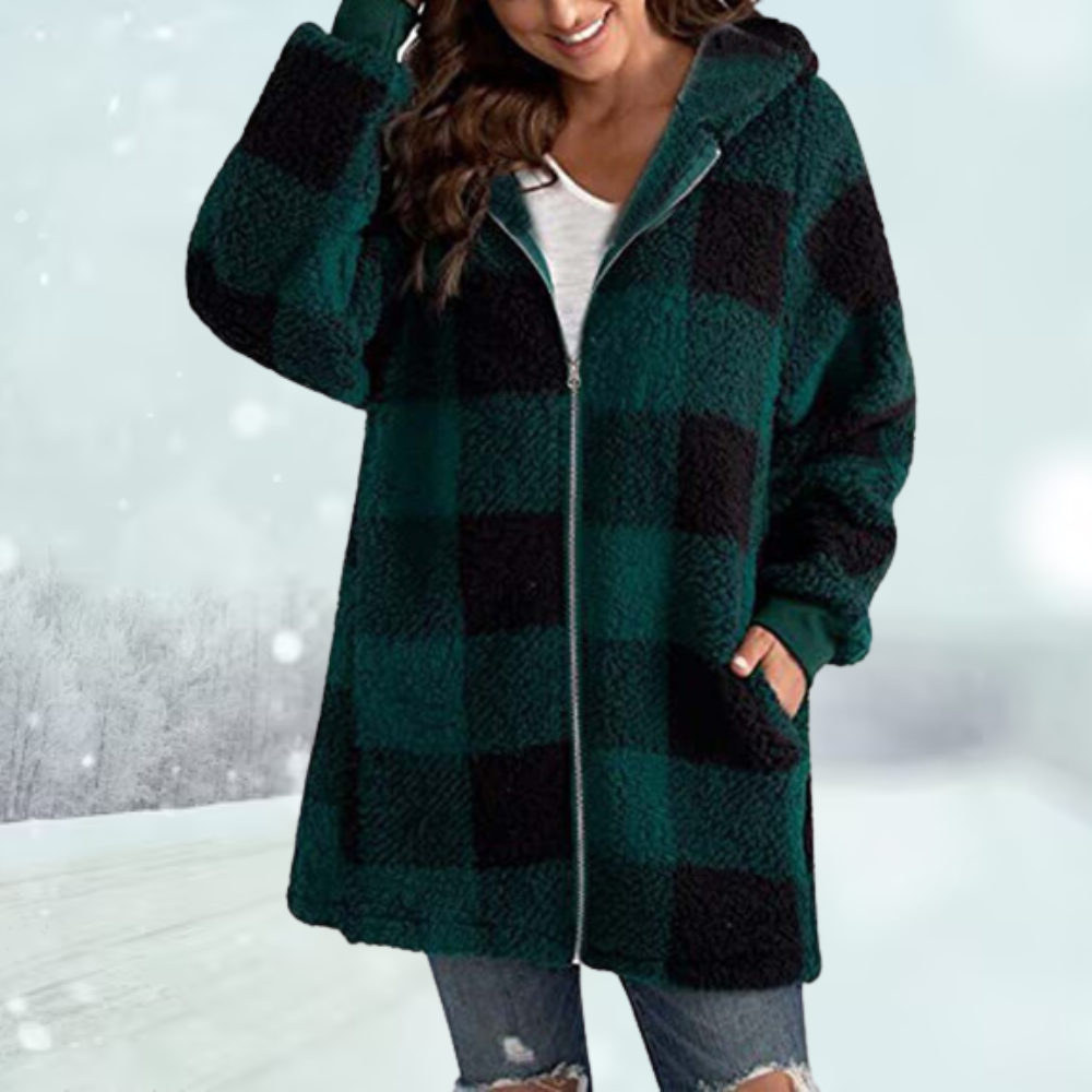 Street-wave Plaid Hooded Jacket For Women Warm Cozy Fit Zip Front Winter Coat Warmth