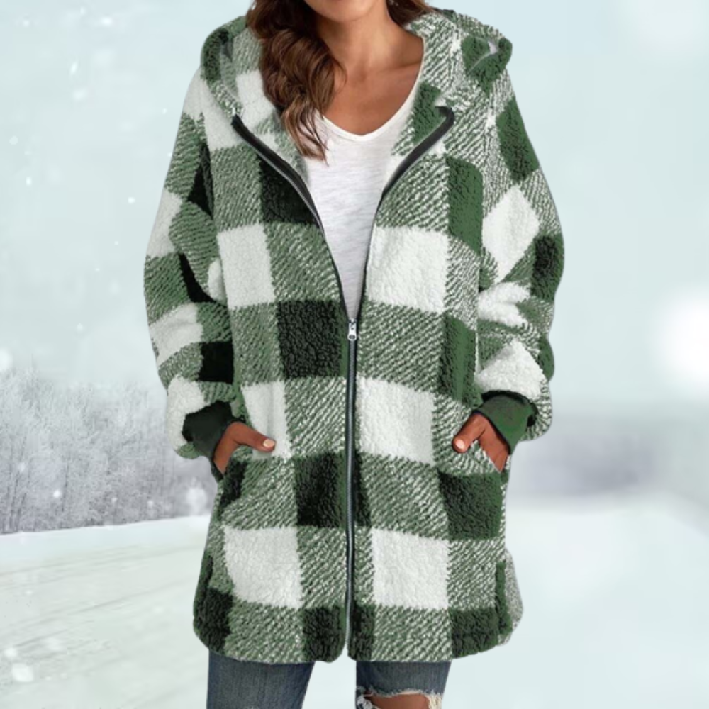 Street-wave Plaid Hooded Jacket For Women Warm Cozy Fit Zip Front Winter Coat Warmth